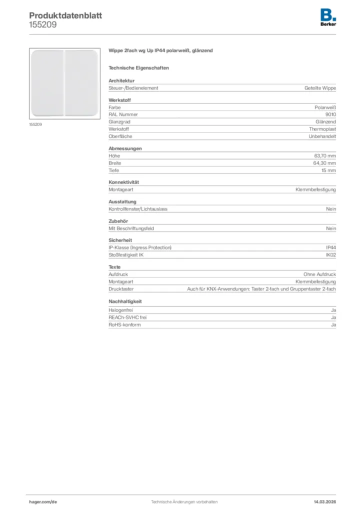 Bild Berker Produktdatenblatt 155209 | Hager Deutschland