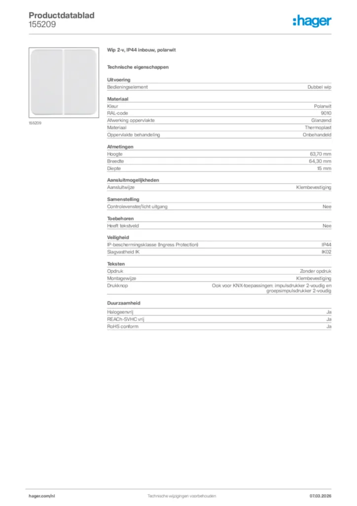 Afbeelding Hager Productdatablad 155209 | Hager Nederland