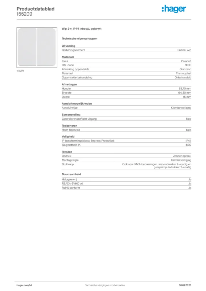 Afbeelding Hager Productdatablad 155209 | Hager Nederland