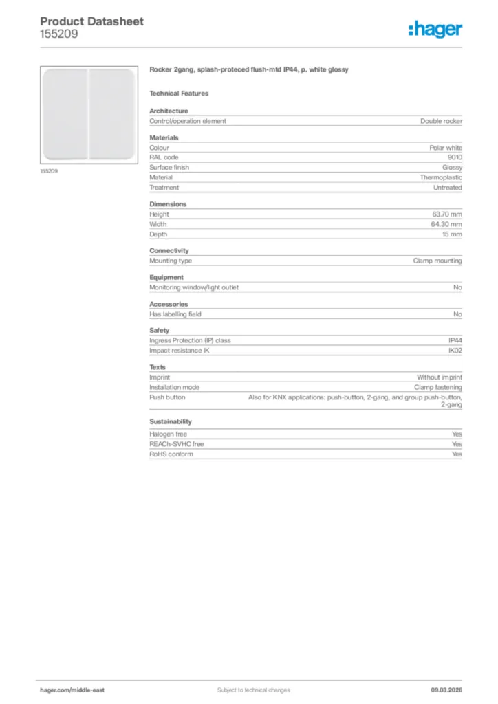 Image Hager Product data sheet 155209  | Hager