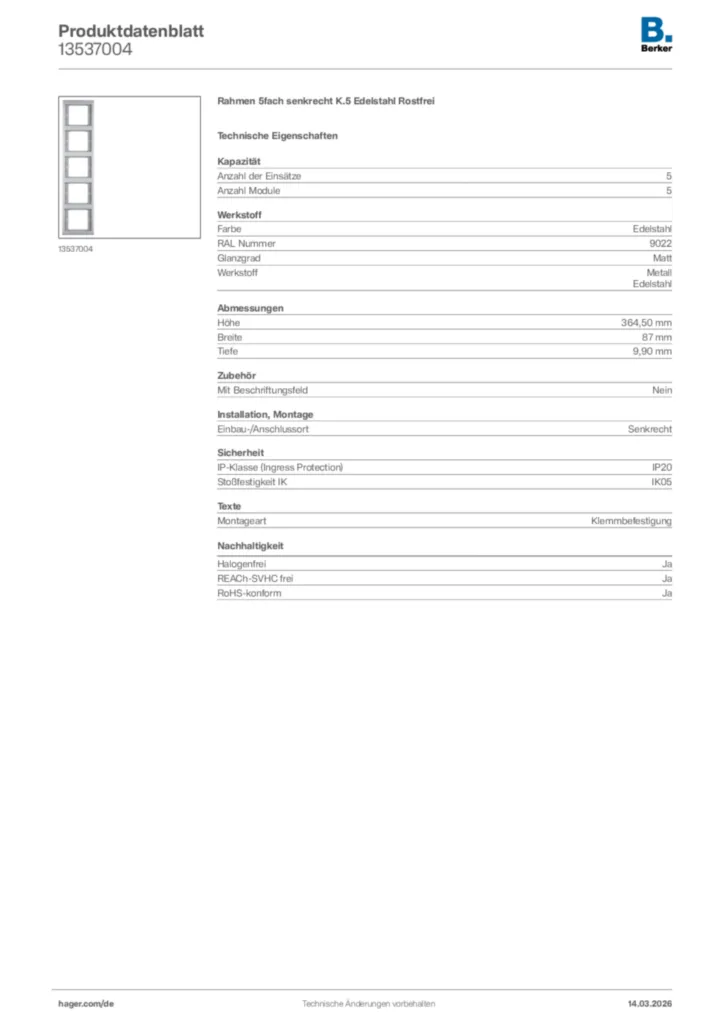 Bild Berker Produktdatenblatt 13537004 | Hager Deutschland