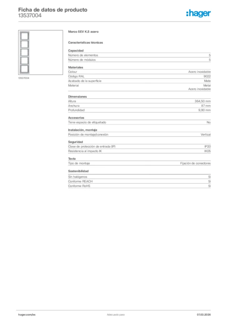 Imagen Hager Ficha de datos de producto 13537004 | Hager España