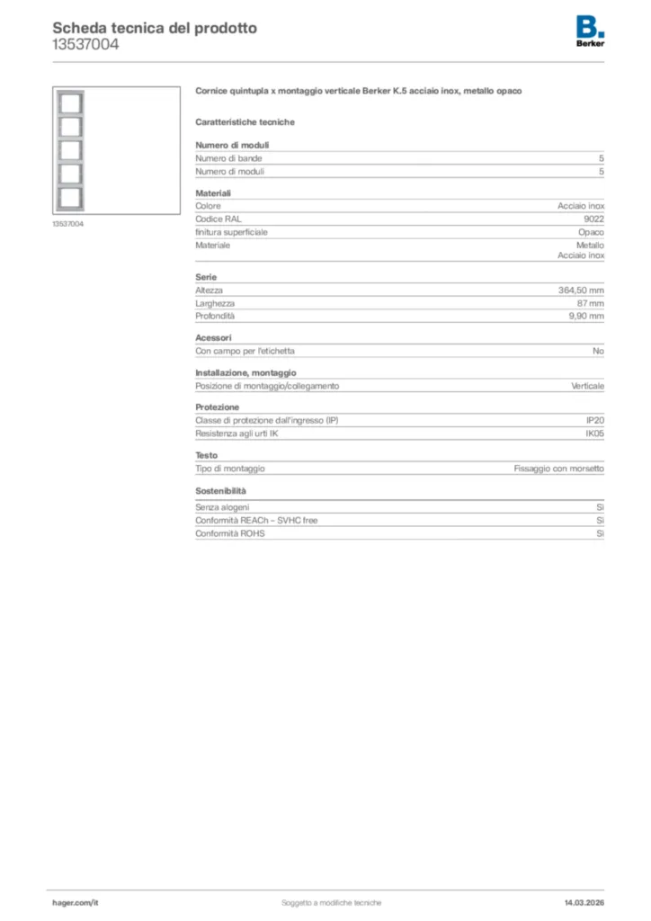 Immagine Berker Scheda tecnica del prodotto 13537004 | Hager Italia