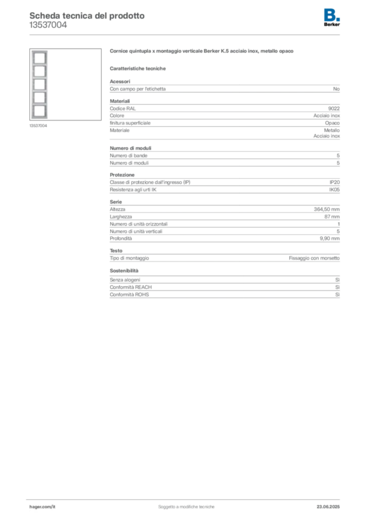 Immagine Berker Scheda tecnica del prodotto 13537004 | Hager Italia