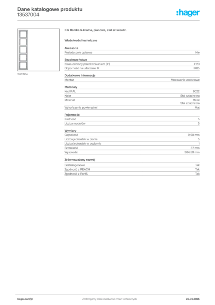 Zdjęcie Hager Karta katalogowa 13537004 | Hager Polska