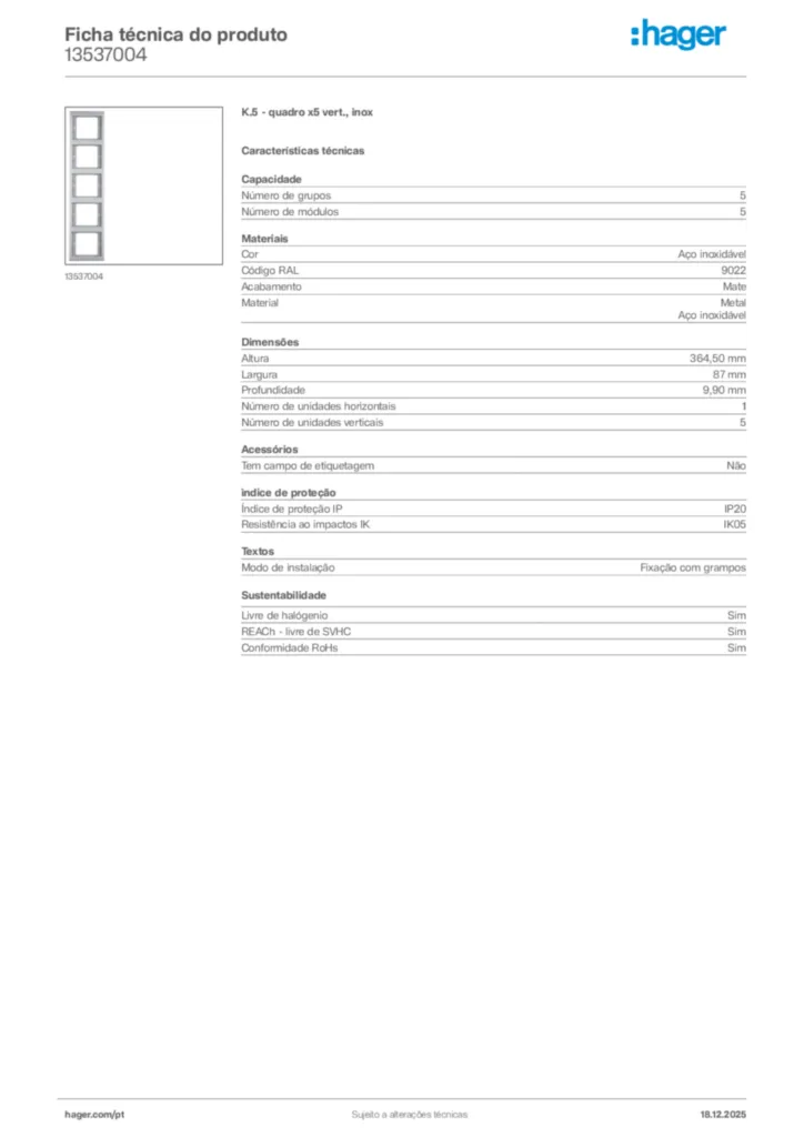 Imagem Hager Ficha técnica do produto 13537004 | Hager Portugal