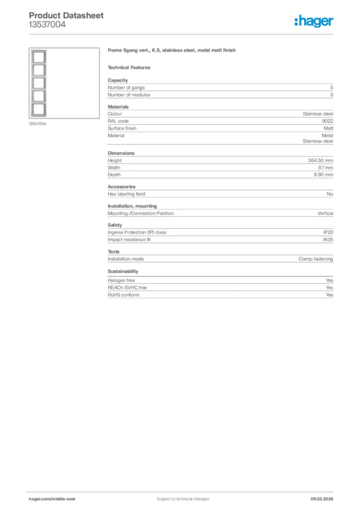 Image Hager Product data sheet 13537004  | Hager