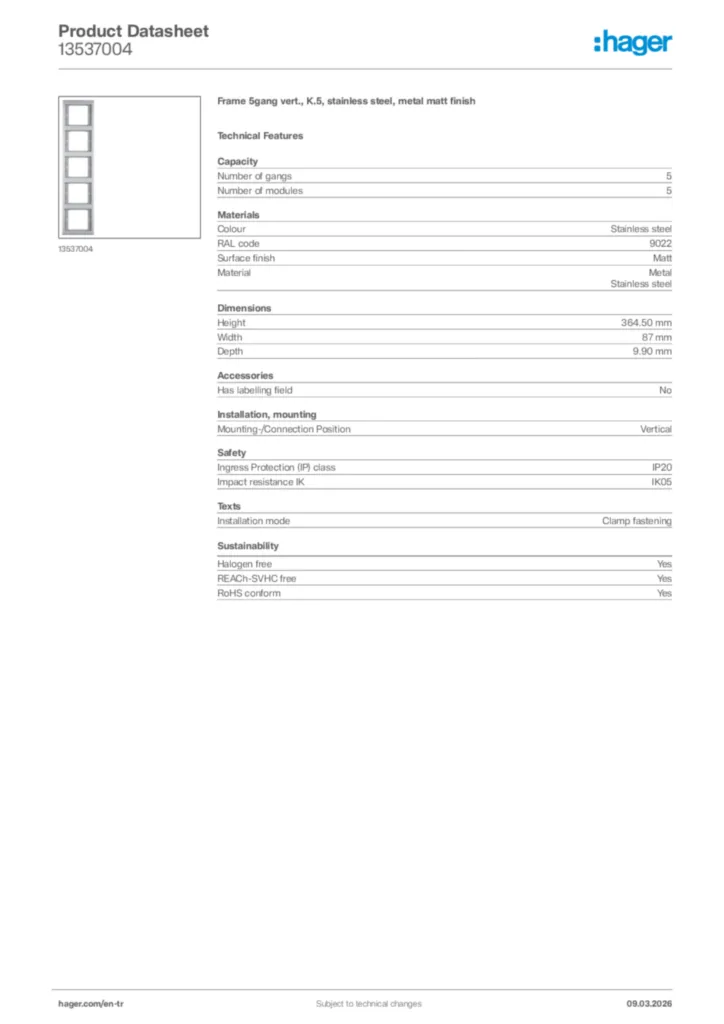 Image Hager Product data sheet 13537004  | Hager