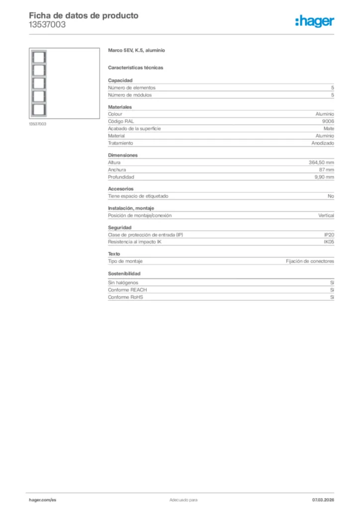 Imagen Hager Ficha de datos de producto 13537003 | Hager España