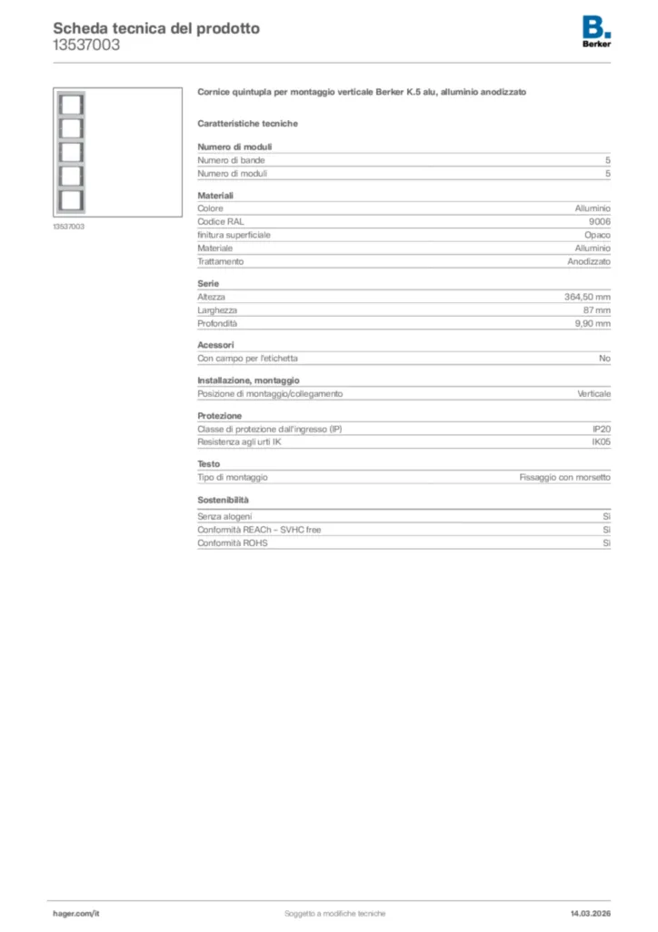 Immagine Berker Scheda tecnica del prodotto 13537003 | Hager Italia
