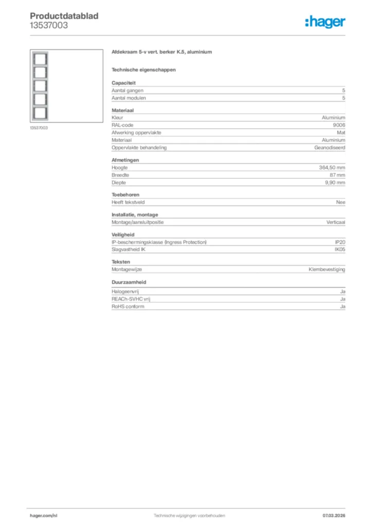 Afbeelding Hager Productdatablad 13537003 | Hager Nederland