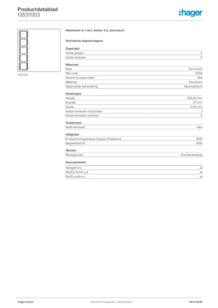 Afbeelding Hager Productdatablad 13537003 | Hager Nederland