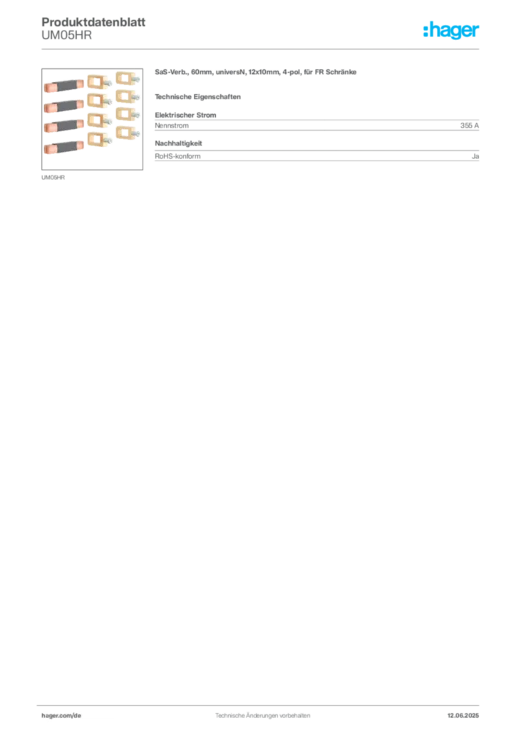 Hager Produktdatenblatt UM05HR