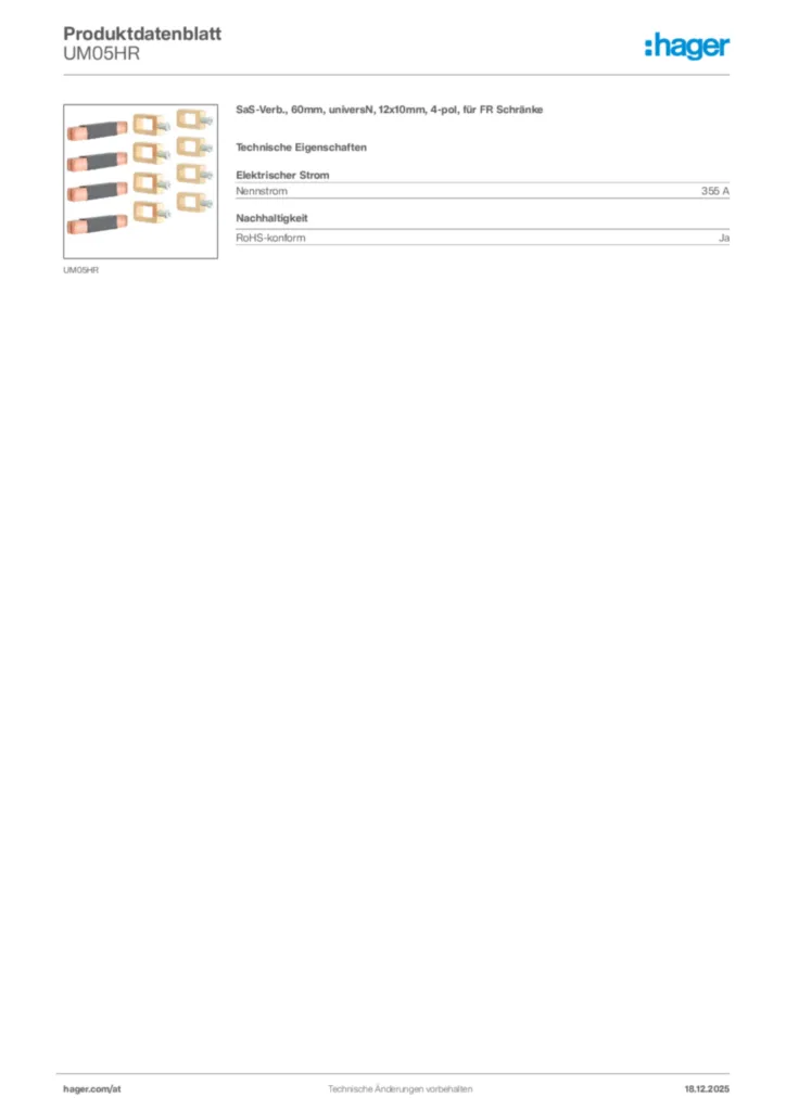 Bild Hager Produktdatenblatt UM05HR | Hager Deutschland
