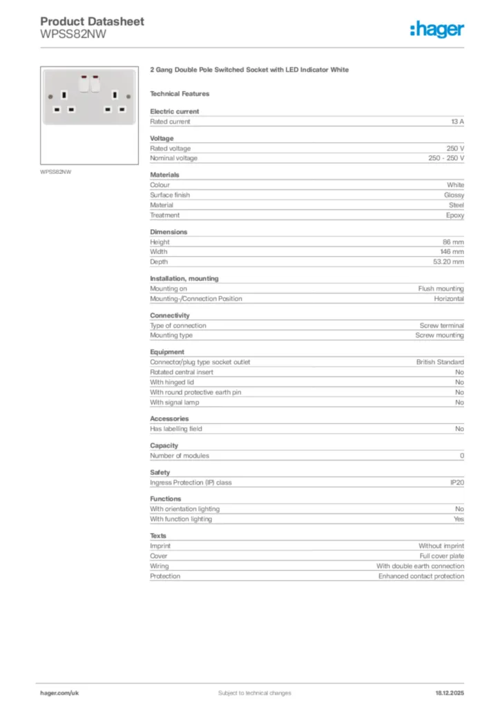 Image Hager Product data sheet WPSS82NW  | Hager