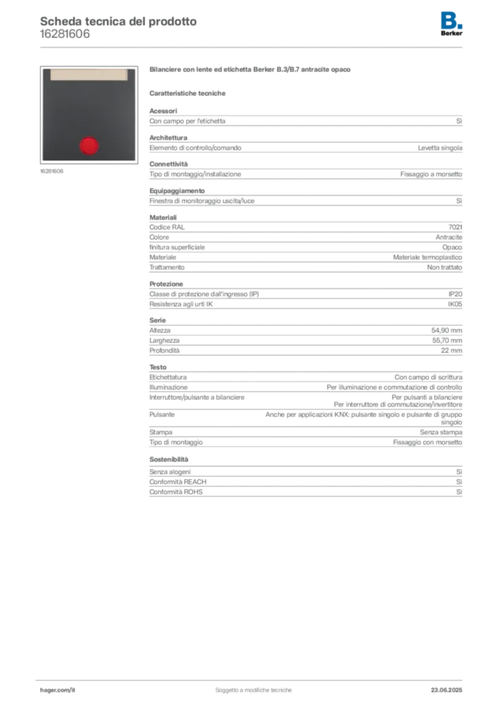 Immagine Berker Scheda tecnica del prodotto 16281606 | Hager Italia