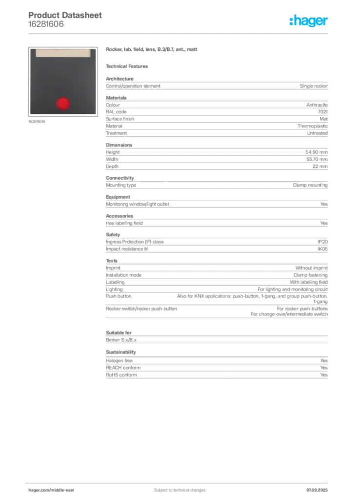 Image Hager Product data sheet 16281606  | Hager