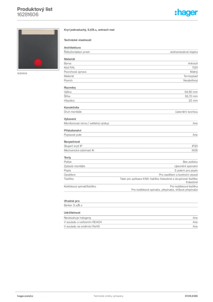 Obrázek Hager Produktový list 16281606 | Hager