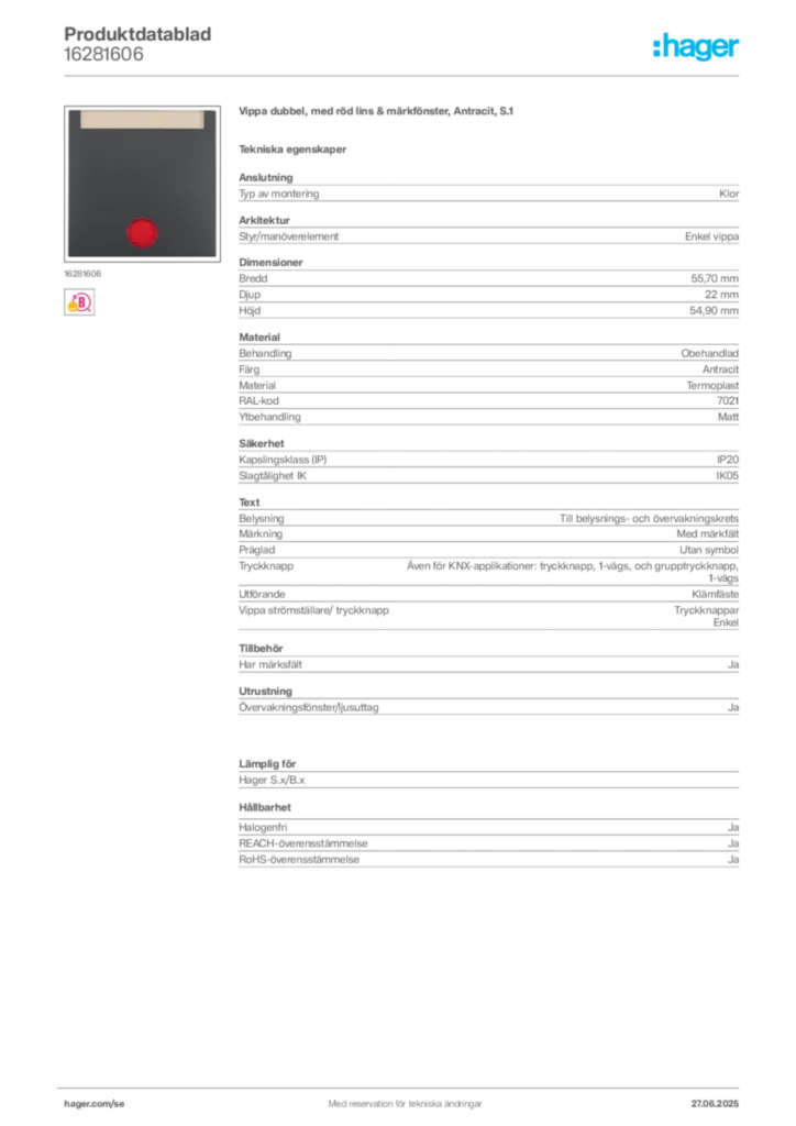 Bild Hager Produktdatablad 16281606 | Hager Sverige