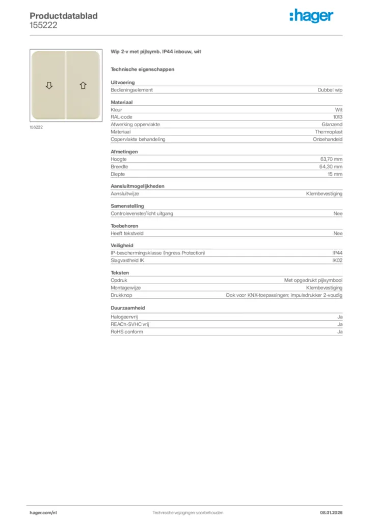 Afbeelding Hager Productdatablad 155222 | Hager Nederland
