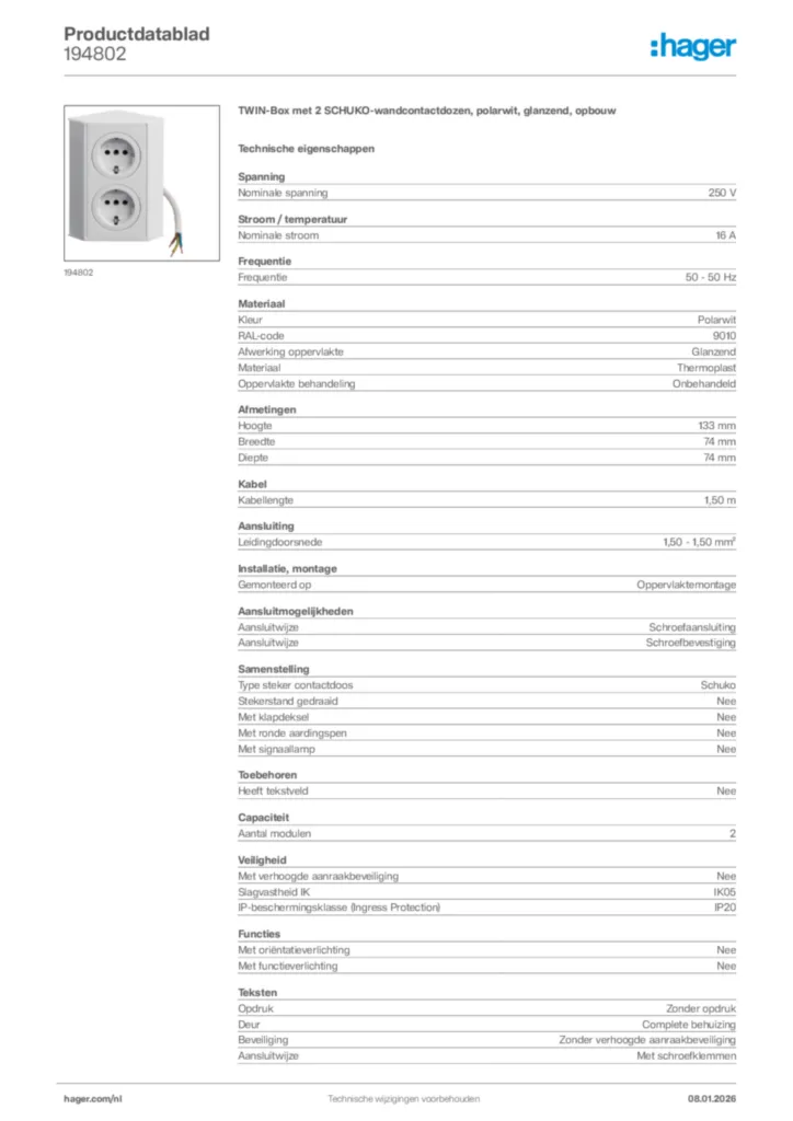 Afbeelding Hager Productdatablad 194802 | Hager Nederland