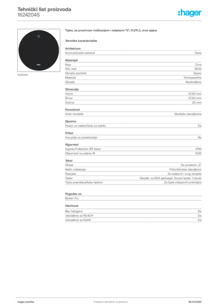 Slika Hager Product data sheet 16242045  | Hager
