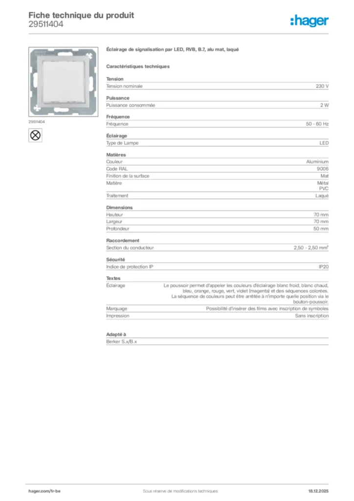 Image Hager Fiche technique du produit 29511404 | Hager Belgique