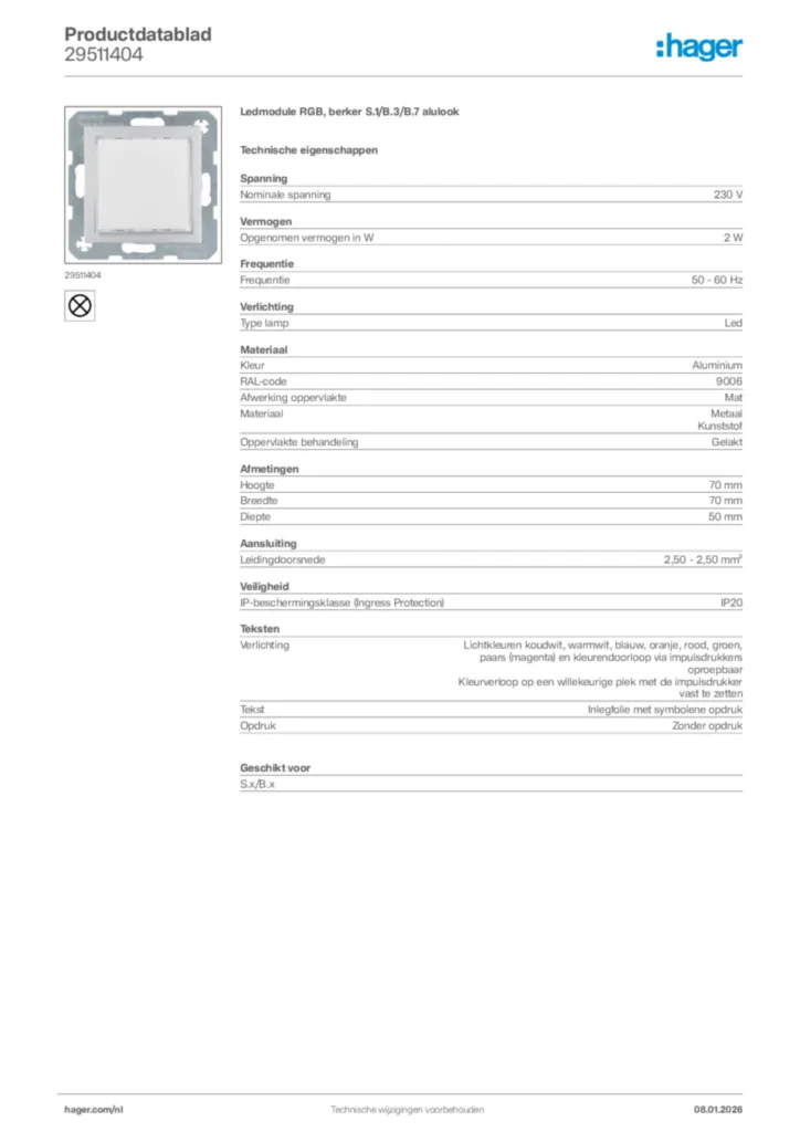 Afbeelding Hager Productdatablad 29511404 | Hager Nederland