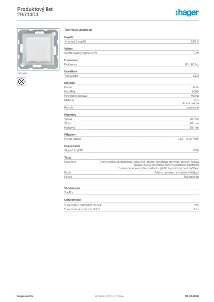 Obrázek Hager Product data sheet 29511404 | Hager
