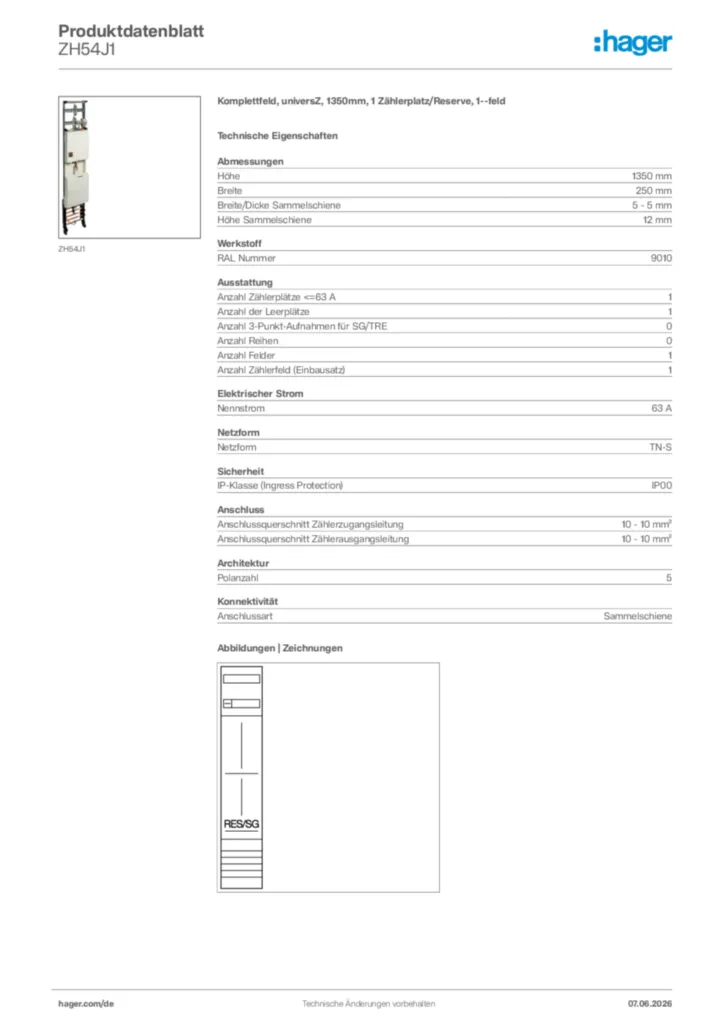 Bild Hager Produktdatenblatt ZH54J1 | Hager Deutschland