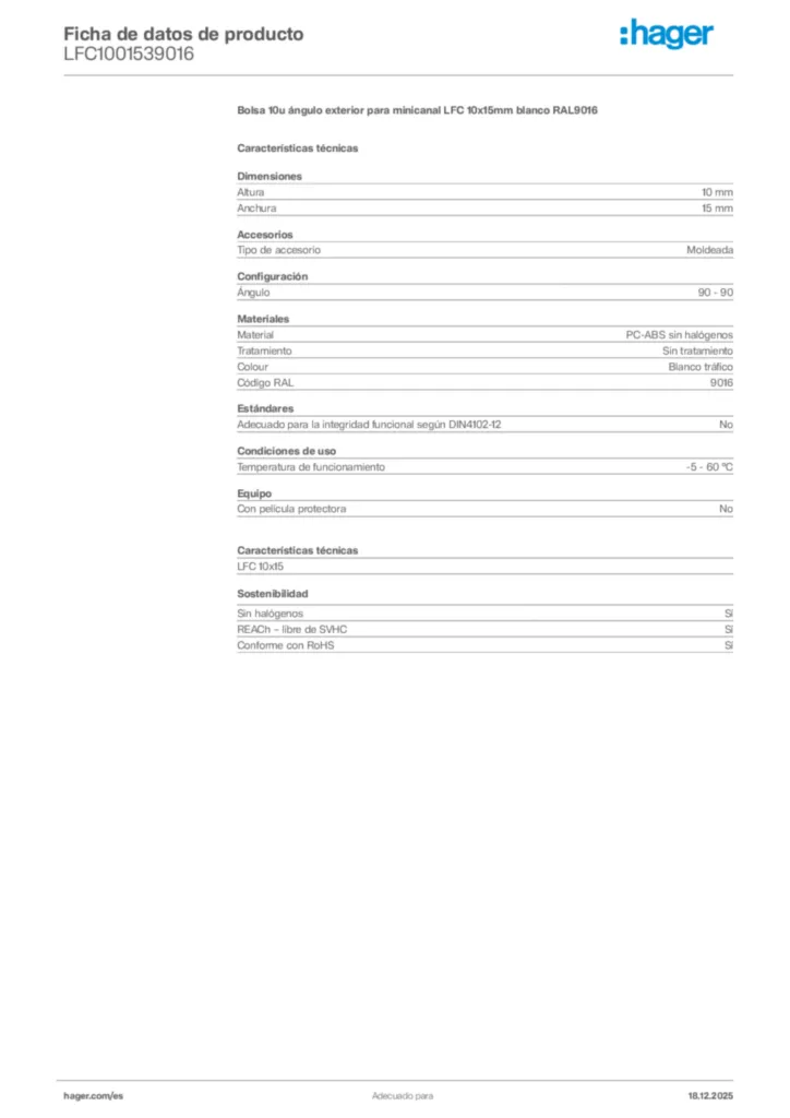 Imagen Hager Ficha de datos de producto LFC1001539016 | Hager España