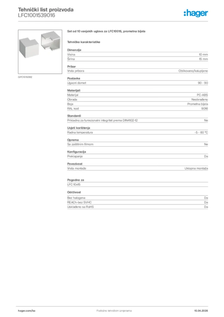 Slika Hager Tehnički list proizvoda LFC1001539016  | Hager