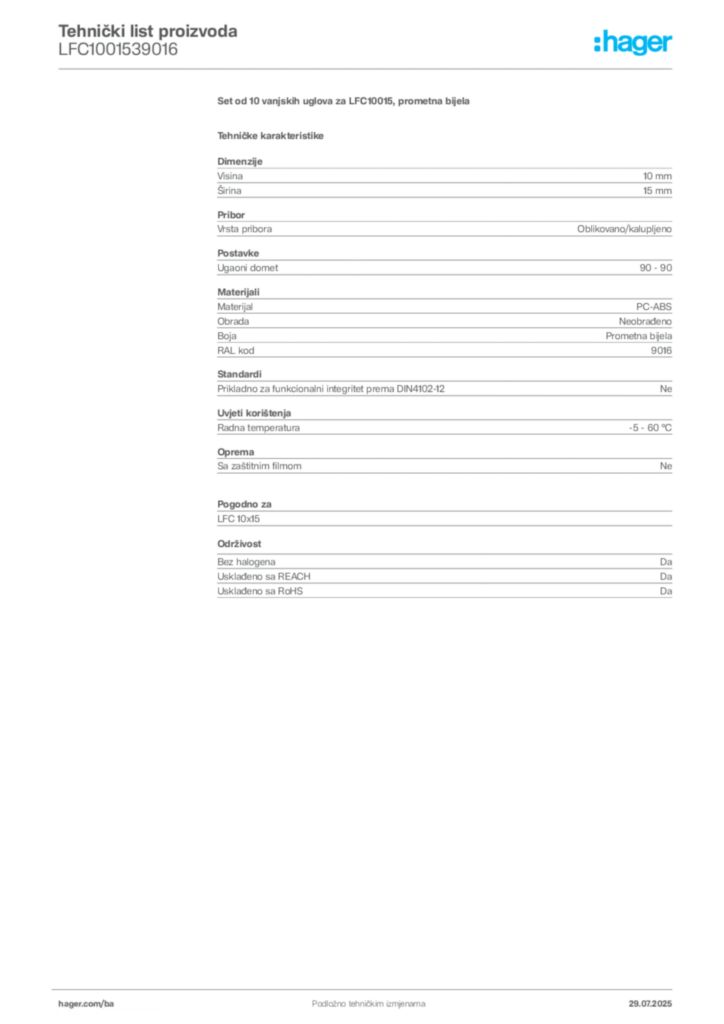 Slika Hager Product data sheet LFC1001539016  | Hager