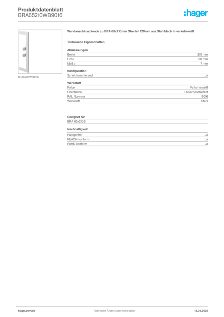 Bild Hager Produktdatenblatt BRA65210WB9016 | Hager Deutschland