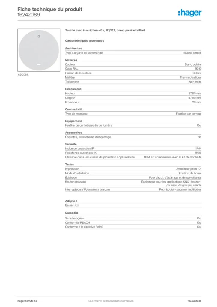 Image Hager Fiche technique du produit 16242089 | Hager Belgique