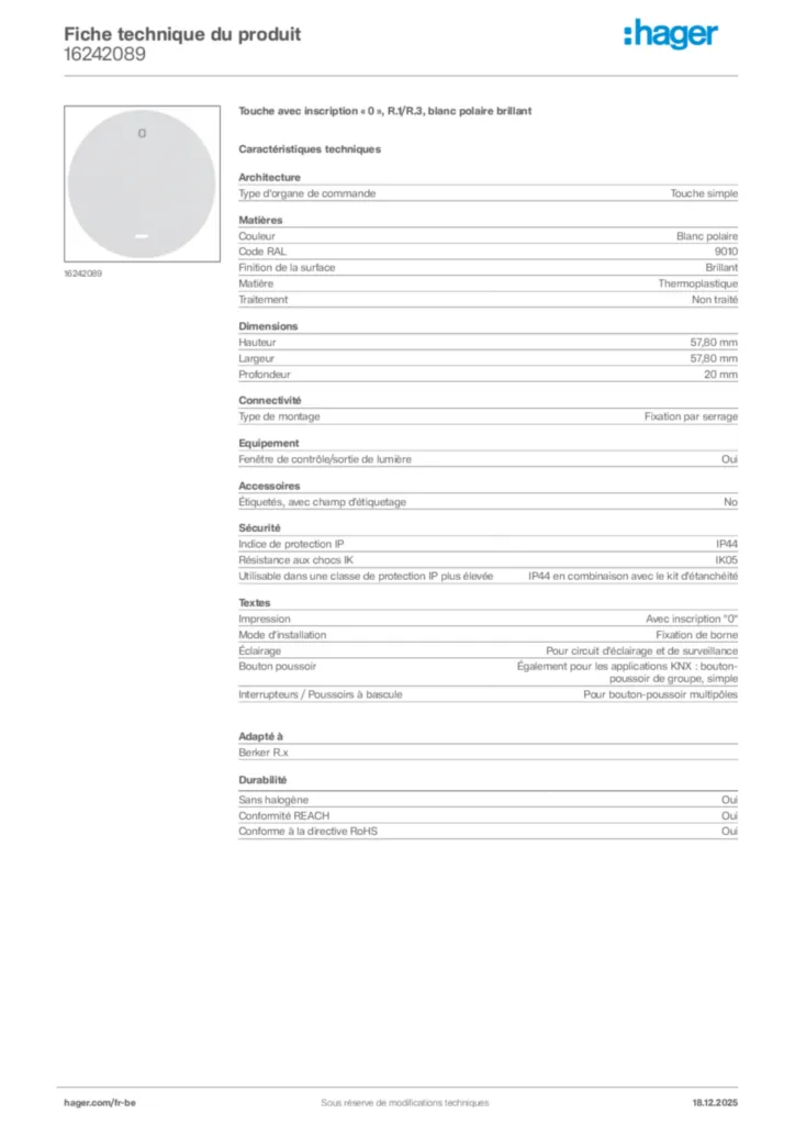 Image Hager Fiche technique du produit 16242089 | Hager Belgique