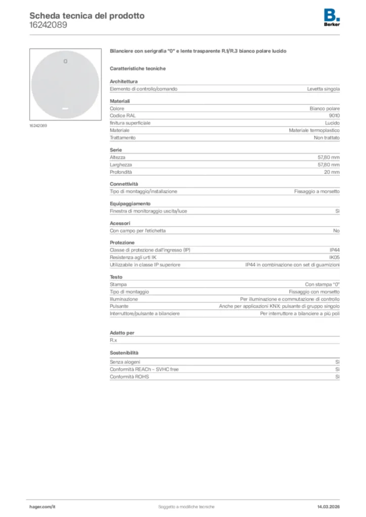 Immagine Berker Scheda tecnica del prodotto 16242089 | Hager Italia