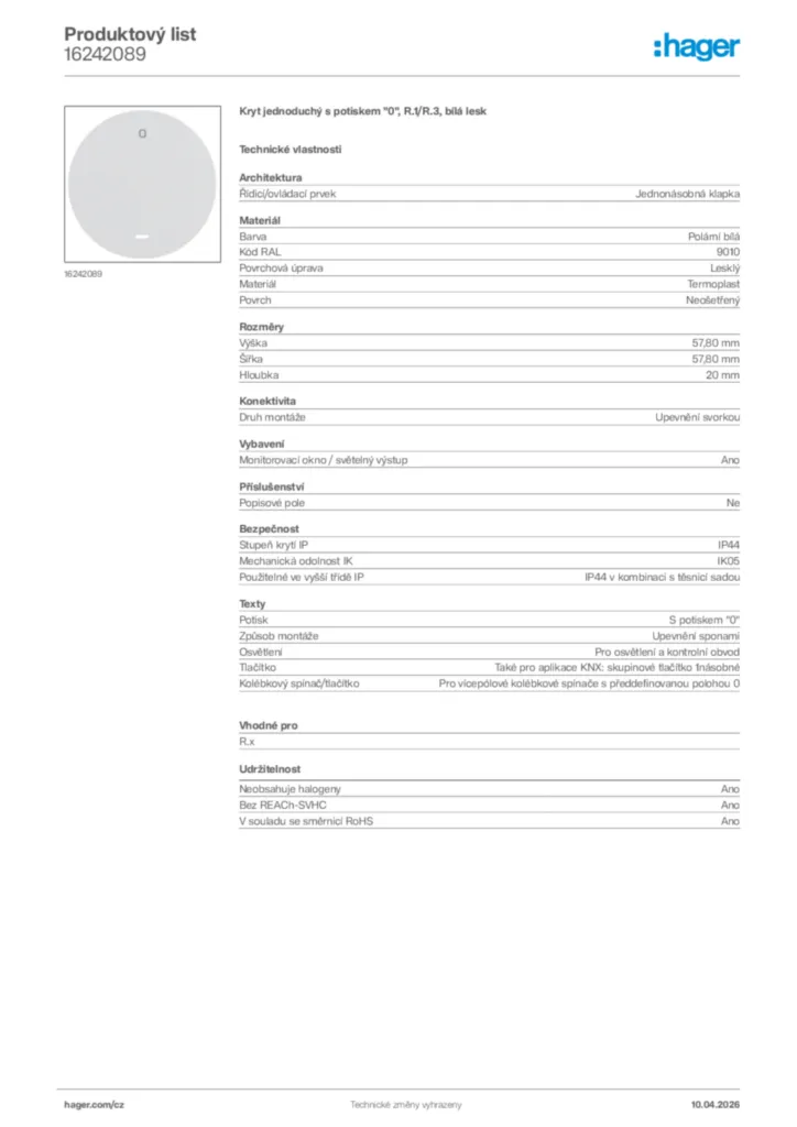 Obrázek Hager Product data sheet 16242089 | Hager