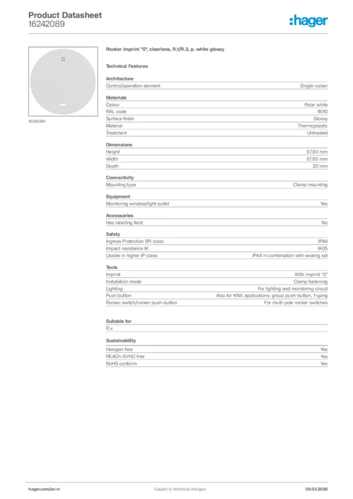 Image Hager Product data sheet 16242089  | Hager