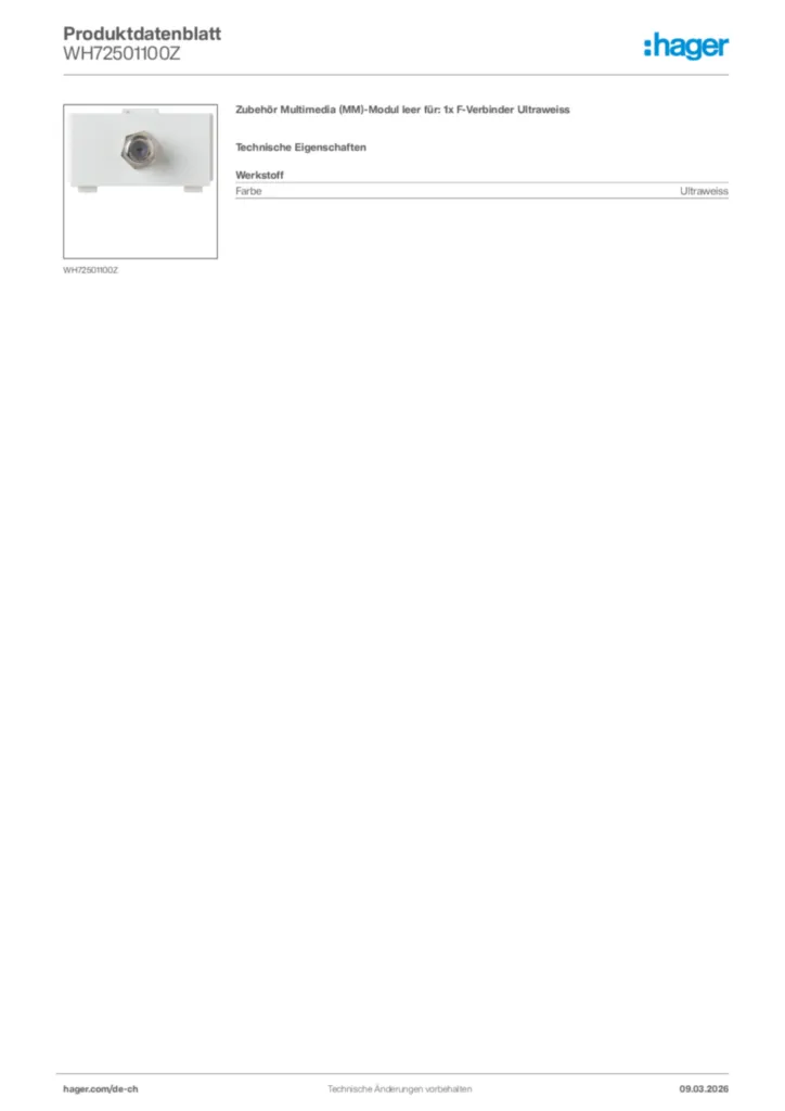 Bild Hager Produktdatenblatt WH72501100Z | Hager Schweiz