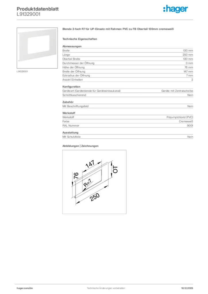 Bild Hager Produktdatenblatt L91329001 | Hager Deutschland