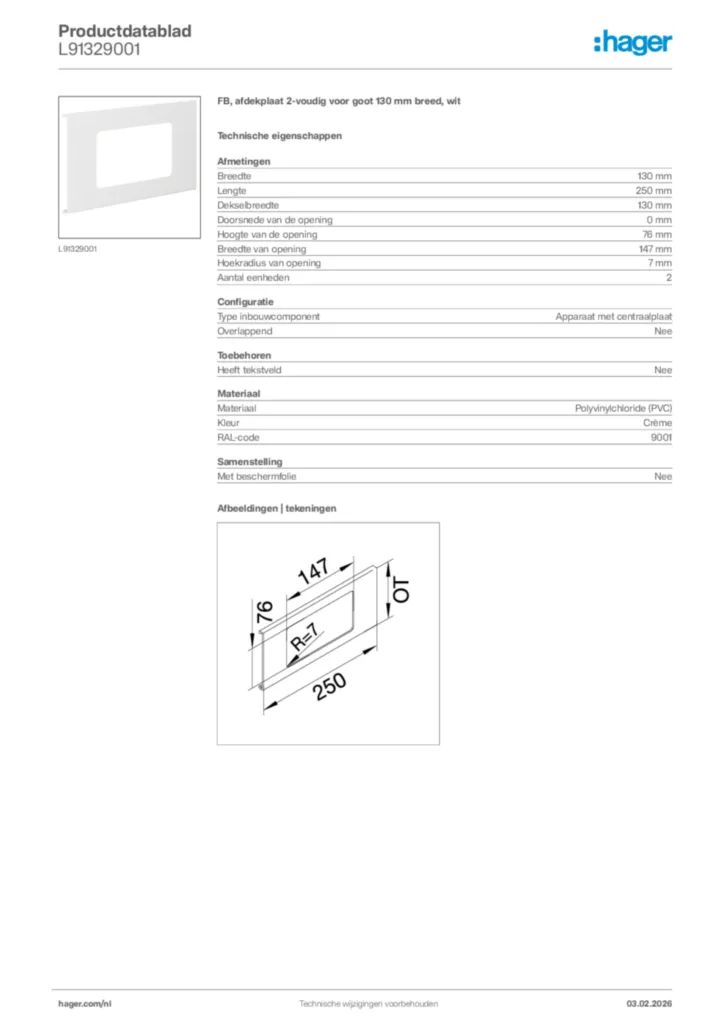 Afbeelding Hager Productdatablad L91329001 | Hager Nederland