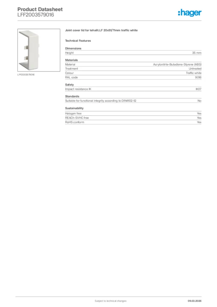 Image Hager Product data sheet LFF2003579016  | Hager Africa