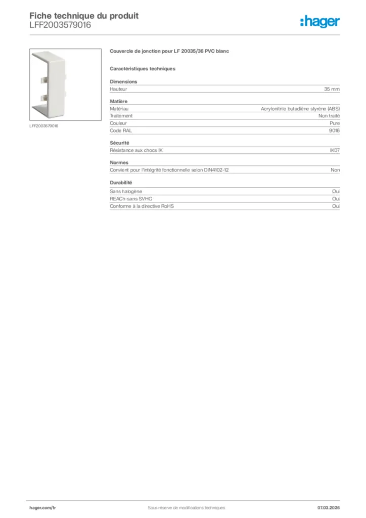 Image Hager Fiche technique du produit LFF2003579016 | Hager France