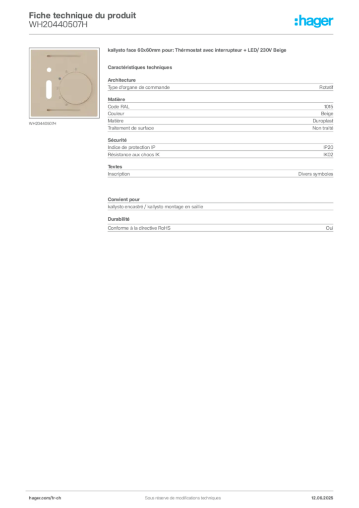 Image Hager Fiche technique du produit WH20440507H | Hager Suisse