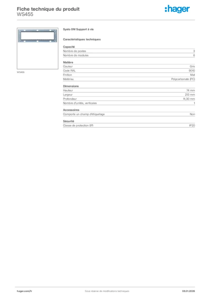 Image Hager Fiche technique du produit WS455 | Hager France