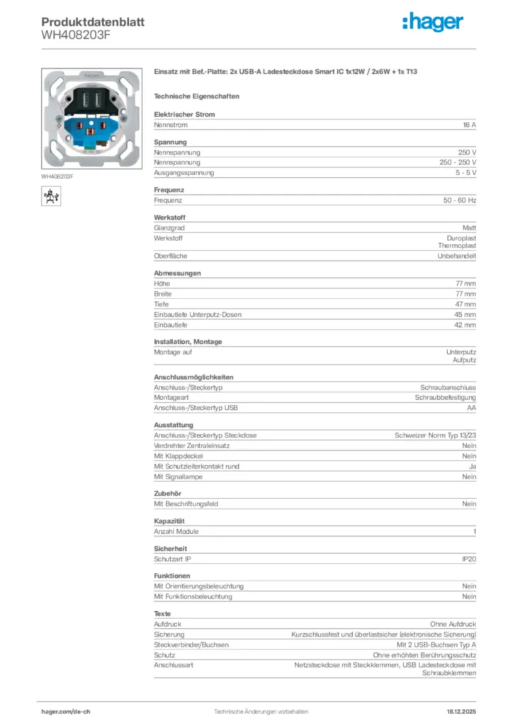 Bild Hager Produktdatenblatt WH408203F | Hager Schweiz