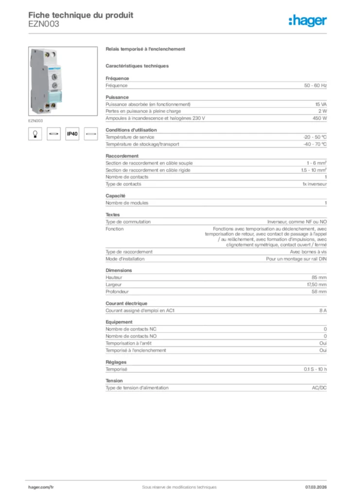 Image Hager Fiche technique du produit EZN003 | Hager France