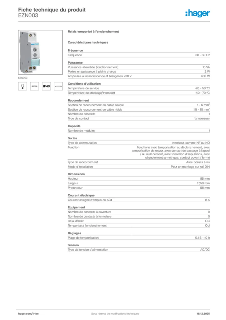 Image Hager Fiche technique du produit EZN003 | Hager Belgique