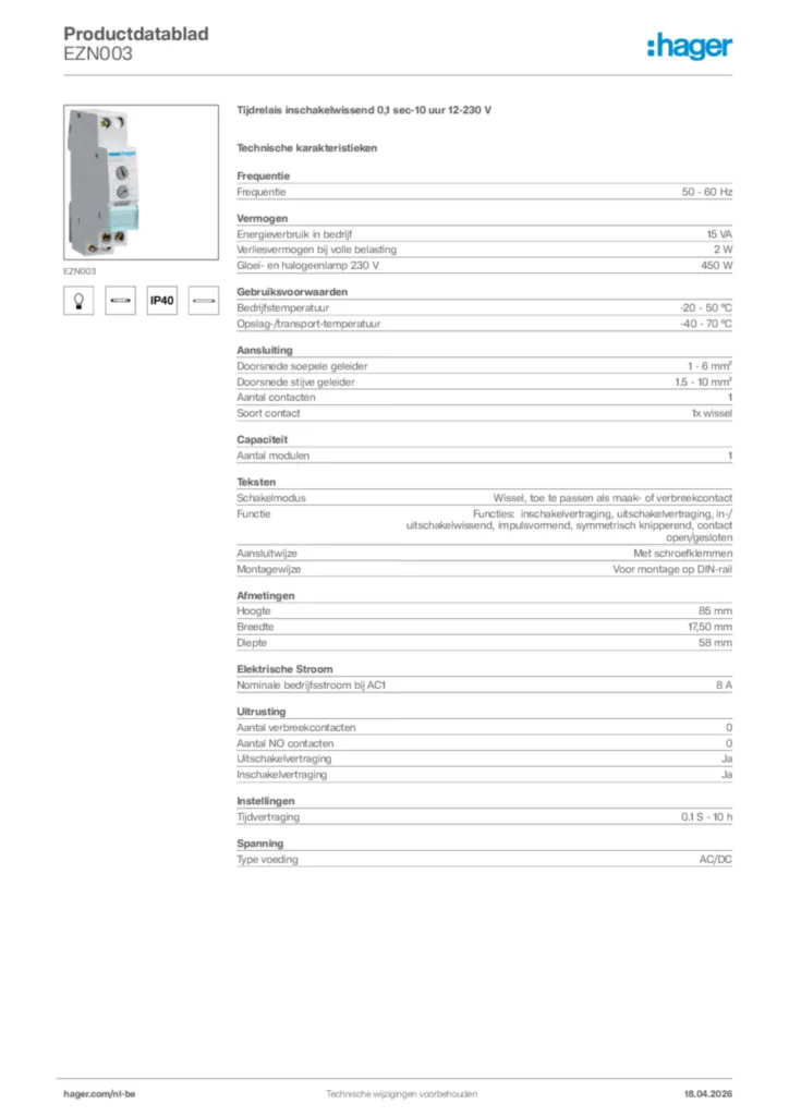 Afbeelding Hager Productdatablad EZN003 | Hager Belgium